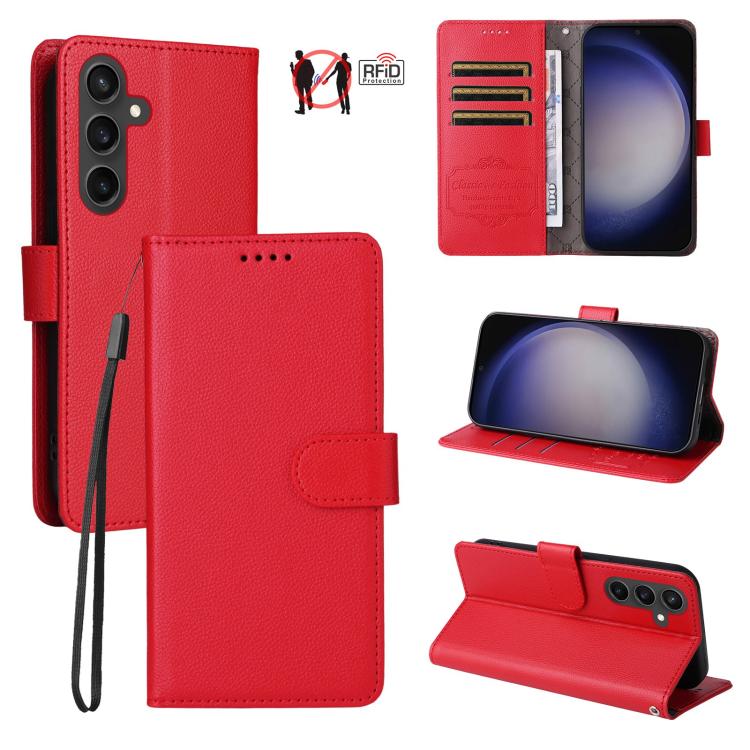 Funda de cuero con textura Litchi para Samsung Galaxy S23 FE 5G, con bloqueo RFID y capacidad para 3 tarjetas (roja)