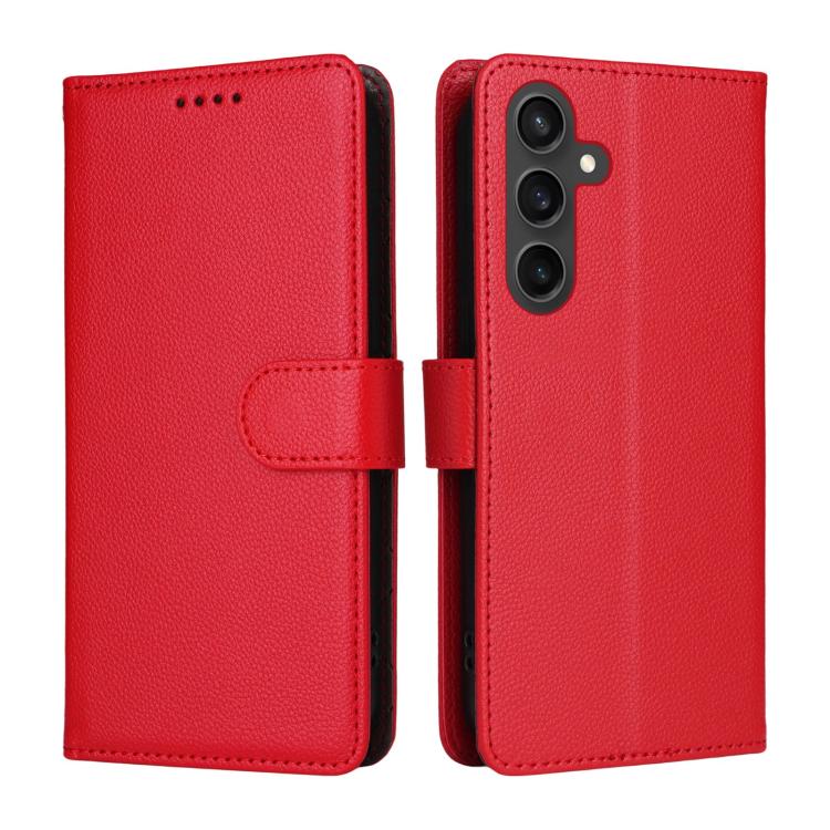 Funda de cuero con textura Litchi para Samsung Galaxy S23 FE 5G, con bloqueo RFID y capacidad para 3 tarjetas (roja)