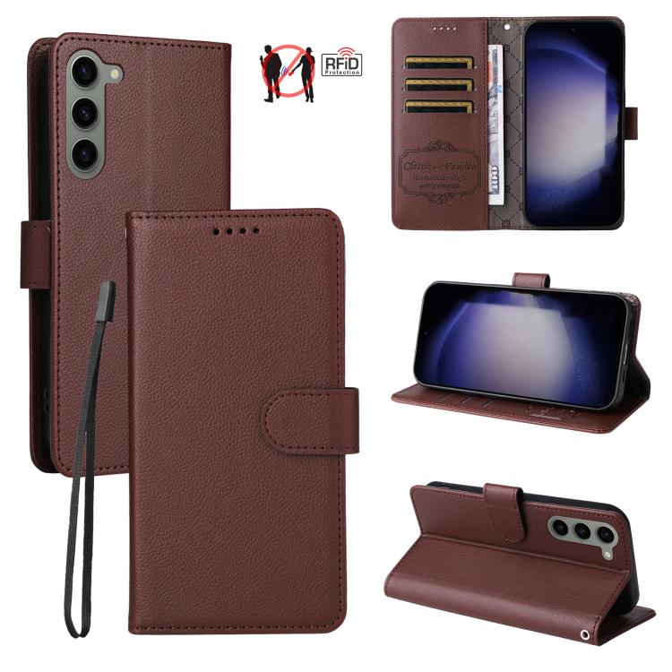 Funda de cuero con textura Litchi para Samsung Galaxy S23 5G, con bloqueo RFID y capacidad para 3 tarjetas (marrón)