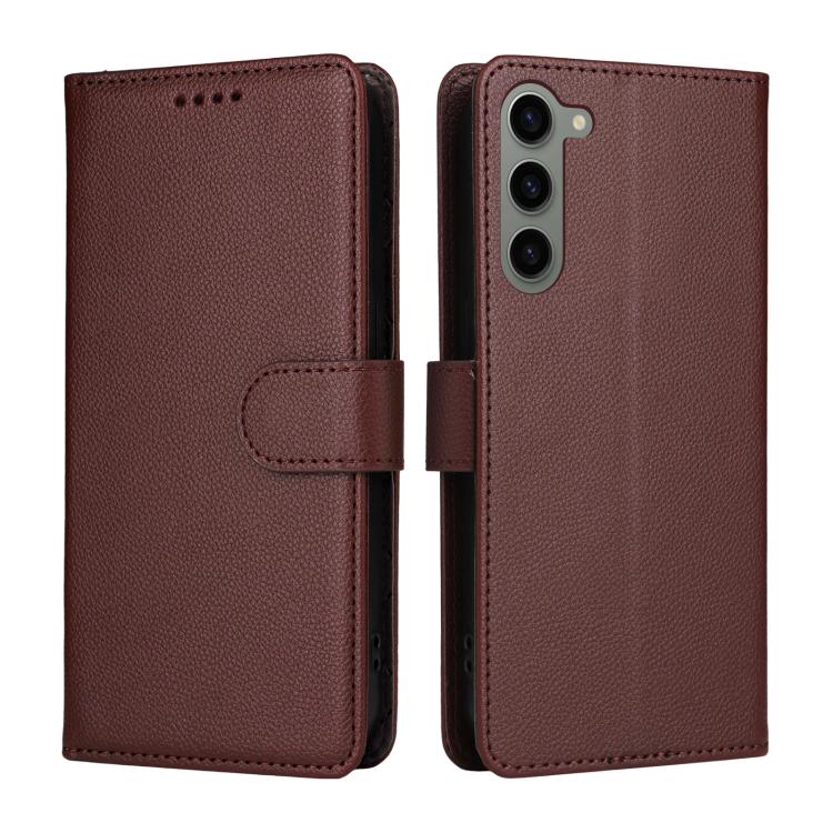 Funda de cuero con textura Litchi para Samsung Galaxy S23 5G, con bloqueo RFID y capacidad para 3 tarjetas (marrón)