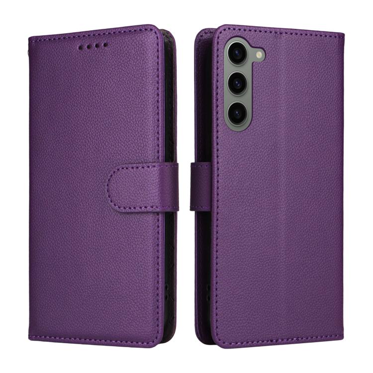 Funda de cuero tipo billetera con bloqueo RFID para Samsung Galaxy S23 5G, textura Litchi, para 3 tarjetas (morado)