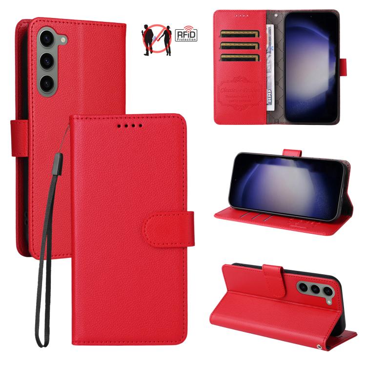 Funda de cuero con textura Litchi para Samsung Galaxy S23 5G, con bloqueo RFID y capacidad para 3 tarjetas (roja)