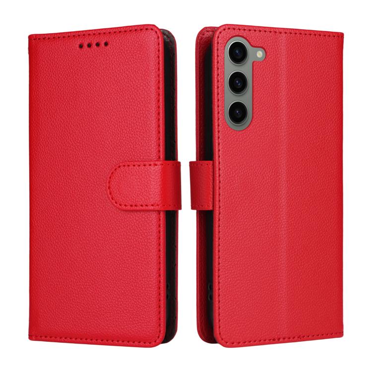 Funda de cuero con textura Litchi para Samsung Galaxy S23 5G, con bloqueo RFID y capacidad para 3 tarjetas (roja)