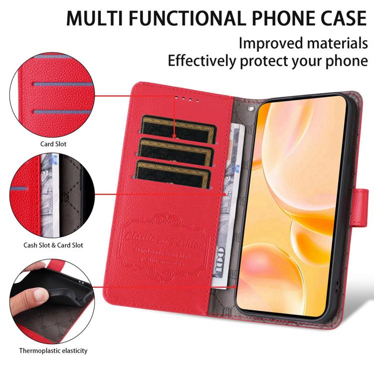 Funda de cuero con textura Litchi para Samsung Galaxy S23 5G, con bloqueo RFID y capacidad para 3 tarjetas (roja)