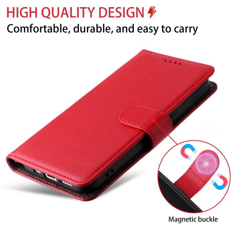 Funda de cuero con textura Litchi para Samsung Galaxy S23 5G, con bloqueo RFID y capacidad para 3 tarjetas (roja)