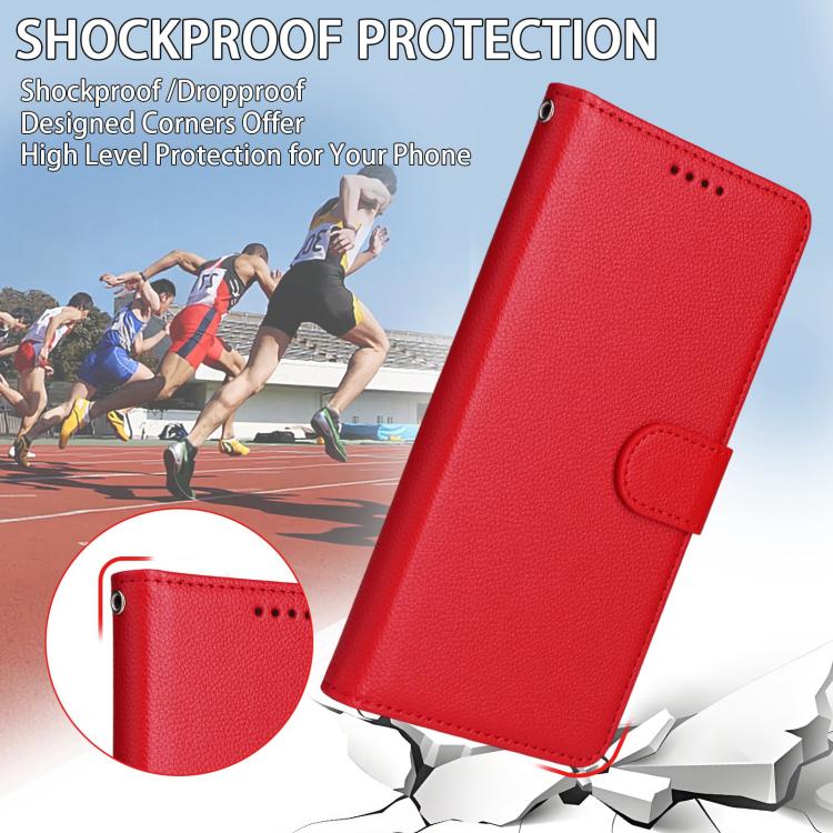 Funda de cuero con textura Litchi para Samsung Galaxy S23 5G, con bloqueo RFID y capacidad para 3 tarjetas (roja)