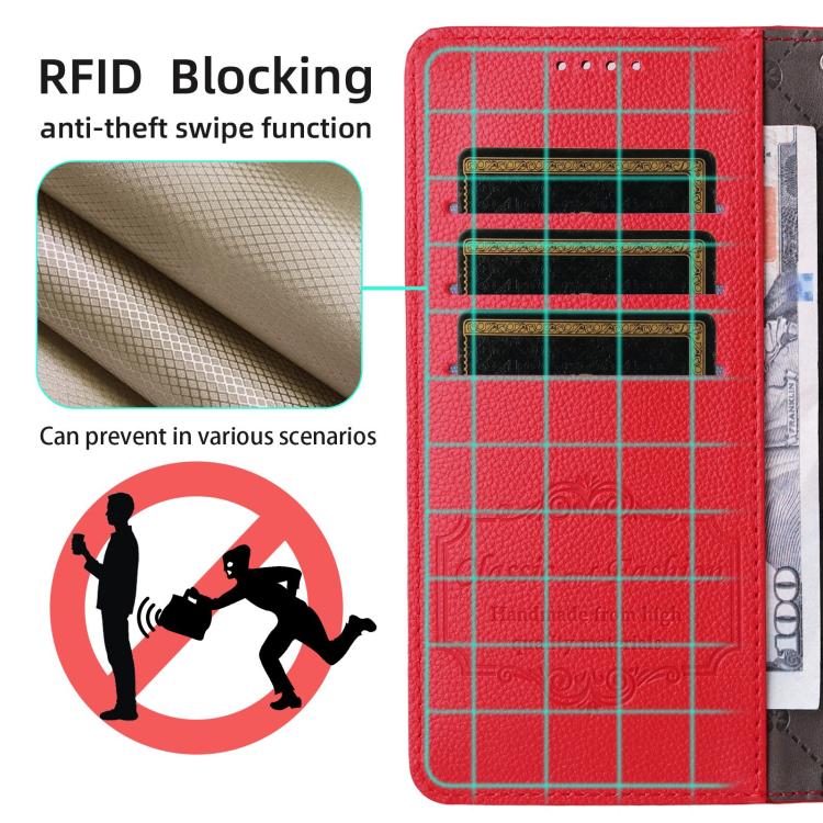 Funda de cuero con textura Litchi para Samsung Galaxy S23 5G, con bloqueo RFID y capacidad para 3 tarjetas (roja)