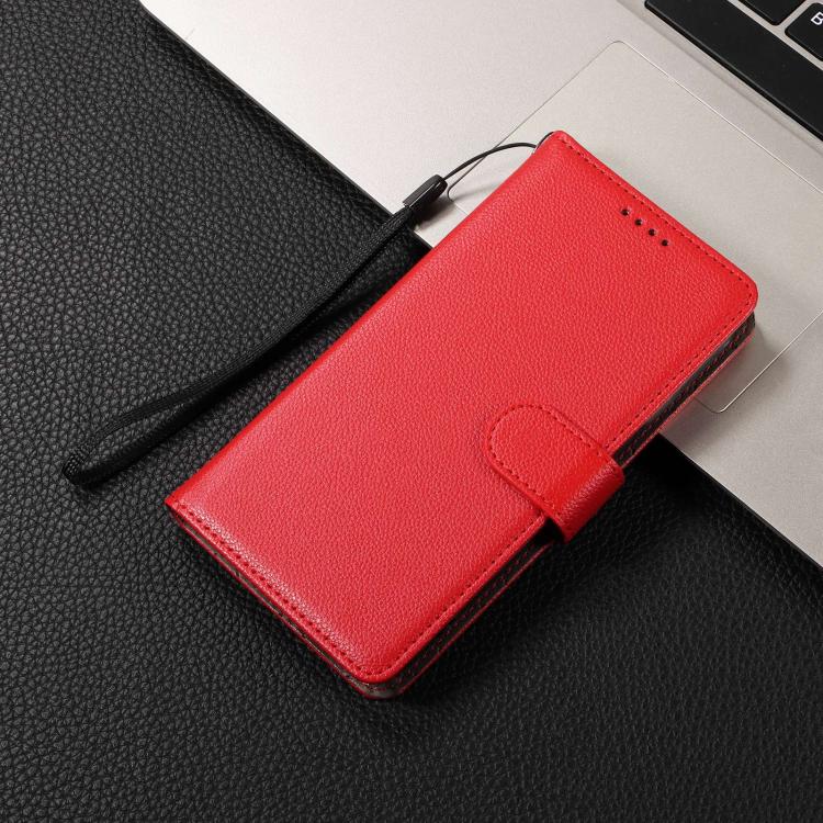 Funda de cuero con textura Litchi para Samsung Galaxy S23 5G, con bloqueo RFID y capacidad para 3 tarjetas (roja)