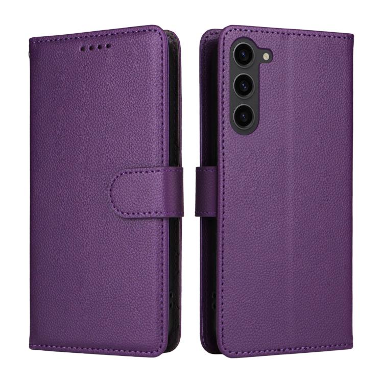 Funda de cuero tipo billetera con bloqueo RFID para Samsung Galaxy S23+ 5G, textura Litchi, para 3 tarjetas (morado)