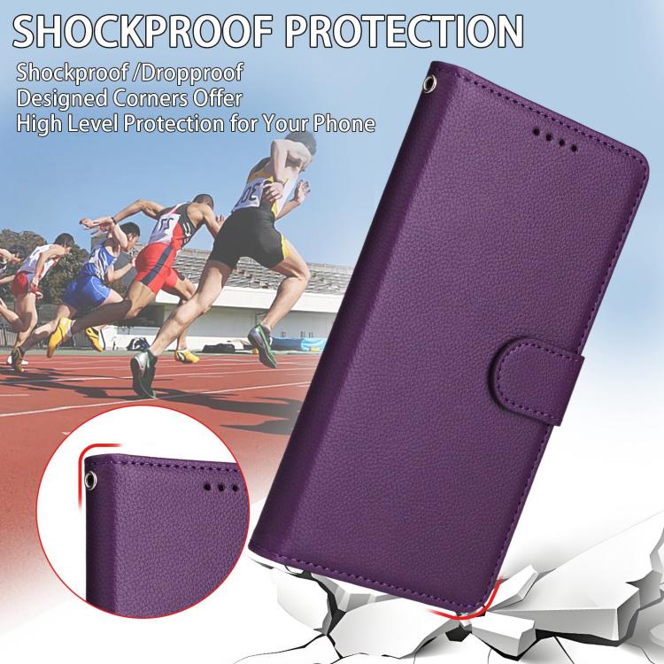 Funda de cuero tipo billetera con bloqueo RFID para Samsung Galaxy S23+ 5G, textura Litchi, para 3 tarjetas (morado)