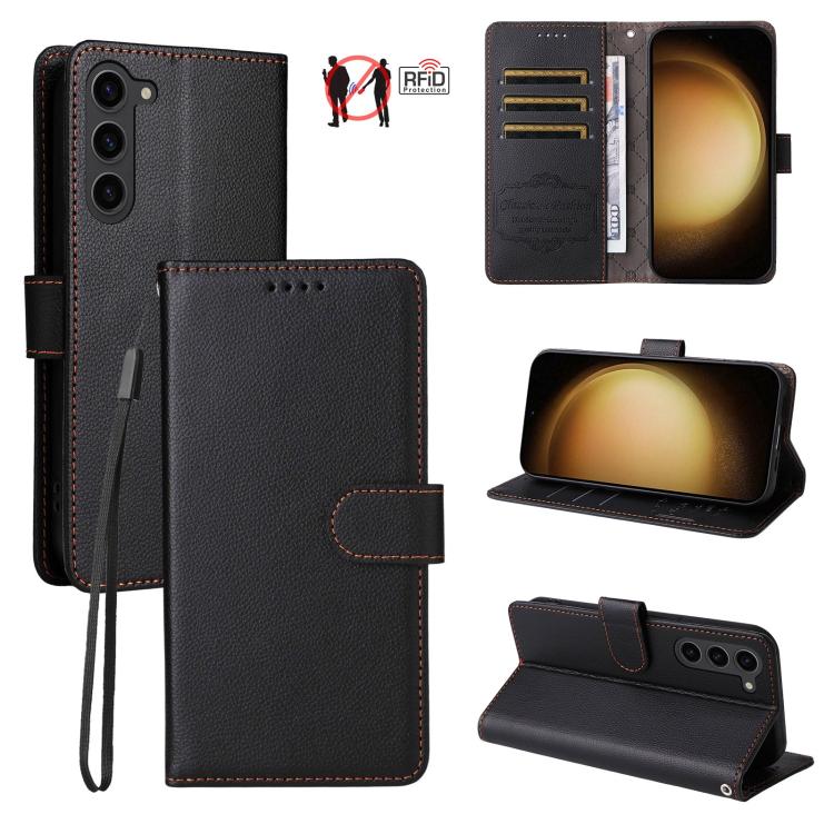 Funda de cuero con textura Litchi para Samsung Galaxy S23+ 5G, con bloqueo RFID y capacidad para 3 tarjetas (negro)