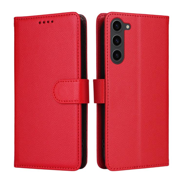 Funda de cuero tipo billetera con bloqueo RFID para Samsung Galaxy S23+ 5G, textura Litchi, para 3 tarjetas (roja)