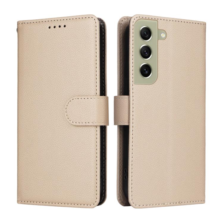 Funda de cuero tipo billetera con textura Litchi y bloqueo RFID para Samsung Galaxy S21 FE 5G (beige)