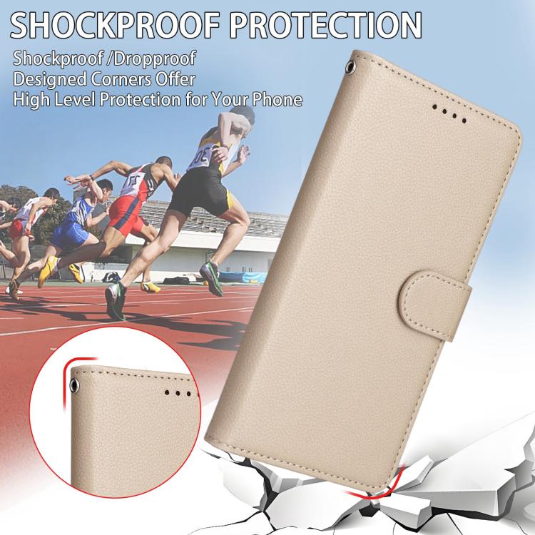 Funda de cuero tipo billetera con textura Litchi y bloqueo RFID para Samsung Galaxy S21 FE 5G (beige)