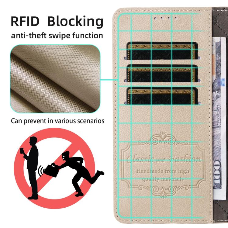 Funda de cuero tipo billetera con textura Litchi y bloqueo RFID para Samsung Galaxy S21 FE 5G (beige)