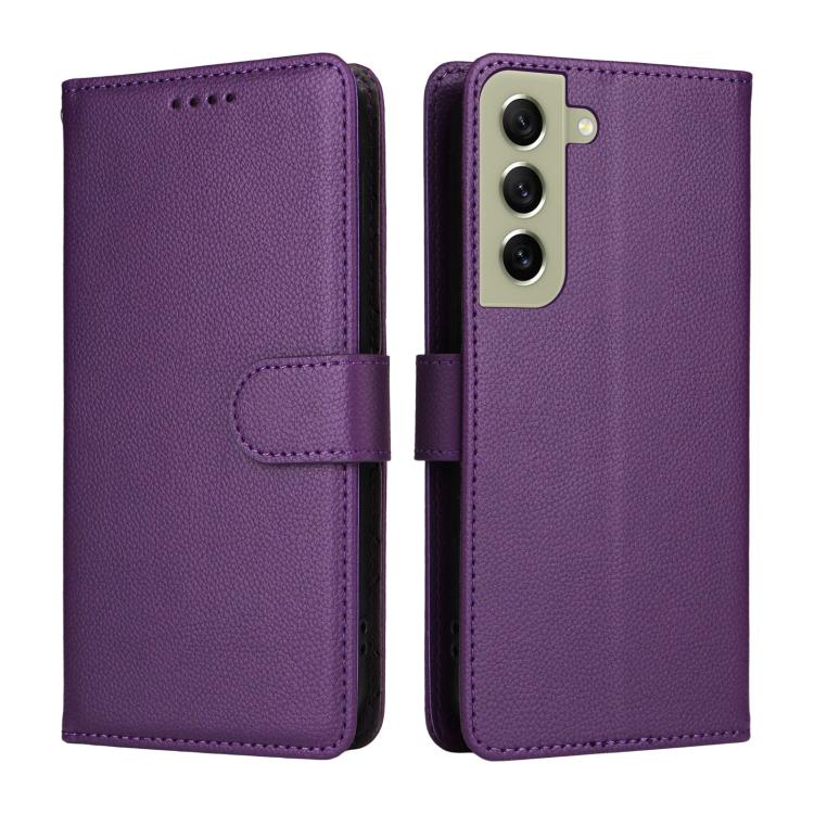 Funda de cuero tipo billetera con bloqueo RFID para Samsung Galaxy S21 FE 5G, textura Litchi, para 3 tarjetas (morado)