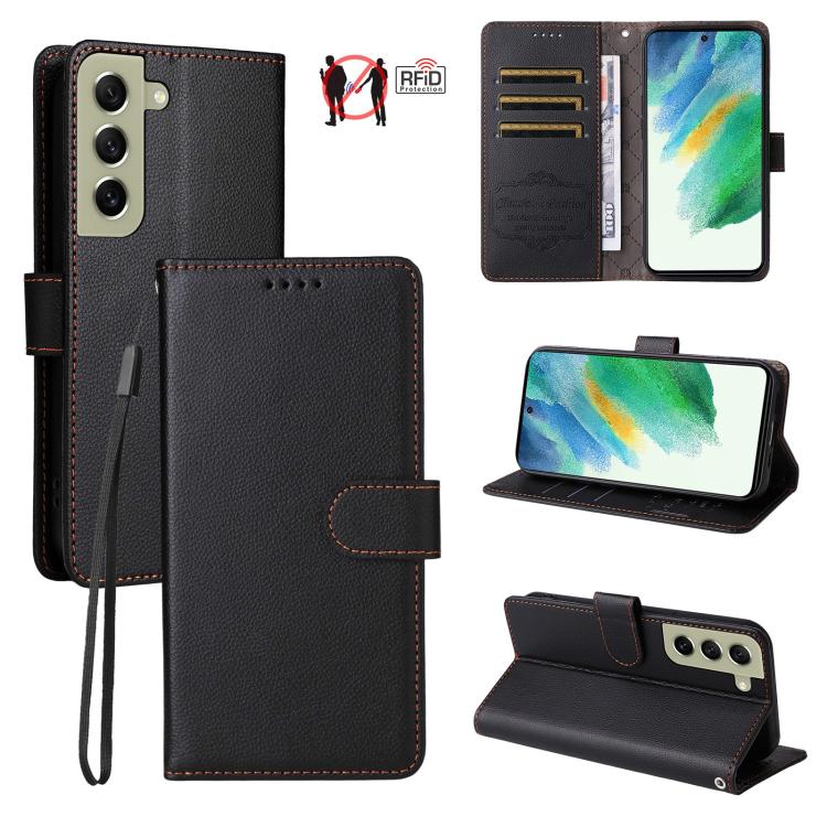 Funda de cuero con textura Litchi para Samsung Galaxy S21 FE 5G, con bloqueo RFID y capacidad para 3 tarjetas (negro)