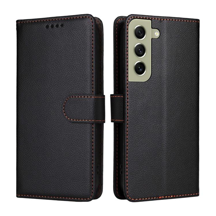 Funda de cuero con textura Litchi para Samsung Galaxy S21 FE 5G, con bloqueo RFID y capacidad para 3 tarjetas (negro)