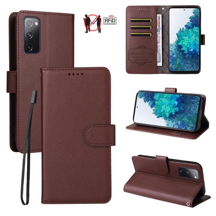 Funda de cuero con textura Litchi para Samsung Galaxy S20 FE, con bloqueo RFID y capacidad para 3 tarjetas (marrón)