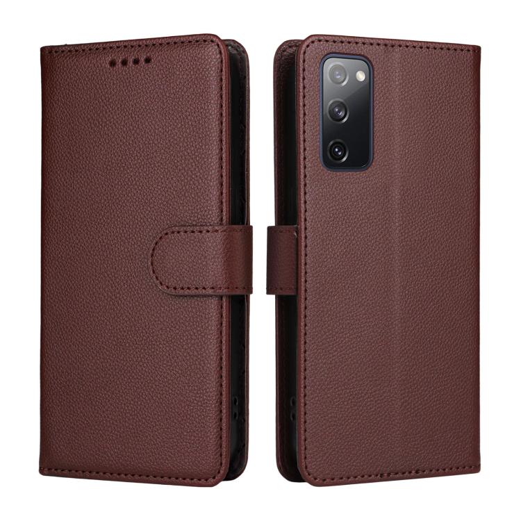 Funda de cuero con textura Litchi para Samsung Galaxy S20 FE, con bloqueo RFID y capacidad para 3 tarjetas (marrón)