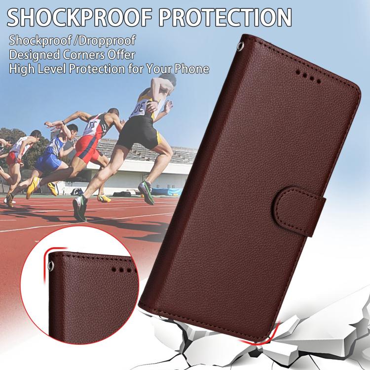 Funda de cuero con textura Litchi para Samsung Galaxy S20 FE, con bloqueo RFID y capacidad para 3 tarjetas (marrón)