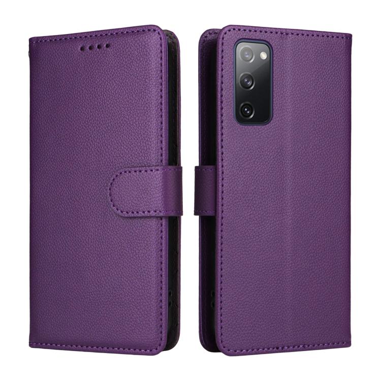 Funda de cuero tipo billetera con bloqueo RFID para Samsung Galaxy S20 FE, textura Litchi, para 3 tarjetas (morado)