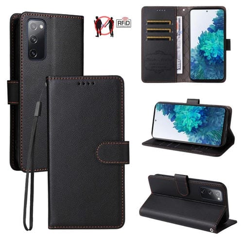 Funda de cuero con textura Litchi para Samsung Galaxy S20 FE, con bloqueo RFID y capacidad para 3 tarjetas (negro)