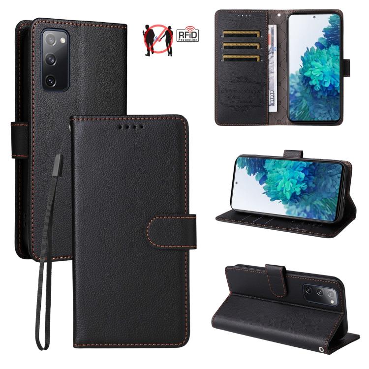 Funda de cuero con textura Litchi para Samsung Galaxy S20 FE, con bloqueo RFID y capacidad para 3 tarjetas (negro)