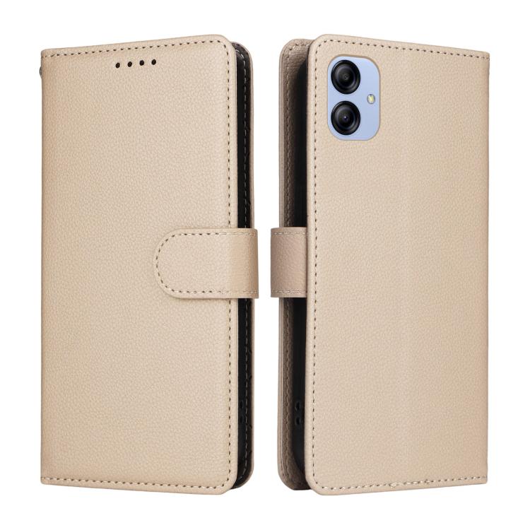 Funda de cuero tipo billetera con bloqueo RFID para Samsung Galaxy A04e 4G/F04, con textura Litchi y capacidad para 3 tarjetas (beige)