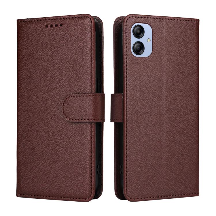 Funda de cuero con textura Litchi para Samsung Galaxy A04e 4G/F04, con bloqueo RFID y capacidad para 3 tarjetas (marrón)