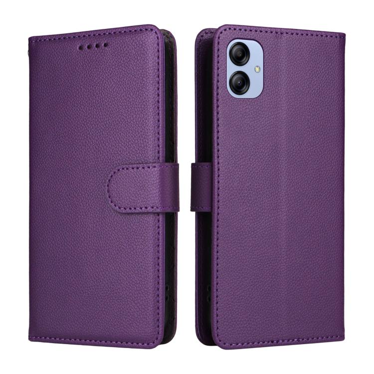 Funda de cuero tipo billetera con bloqueo RFID para Samsung Galaxy A04e 4G/F04, con textura Litchi y capacidad para 3 tarjetas (morado)