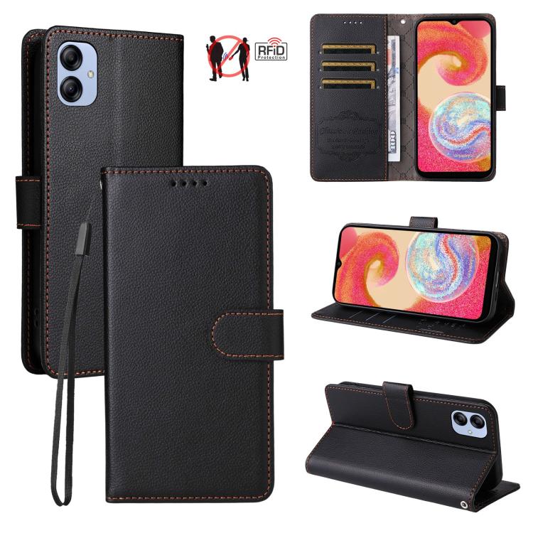 Funda de cuero con textura Litchi para Samsung Galaxy A04e 4G/F04, con bloqueo RFID y capacidad para 3 tarjetas (negro)