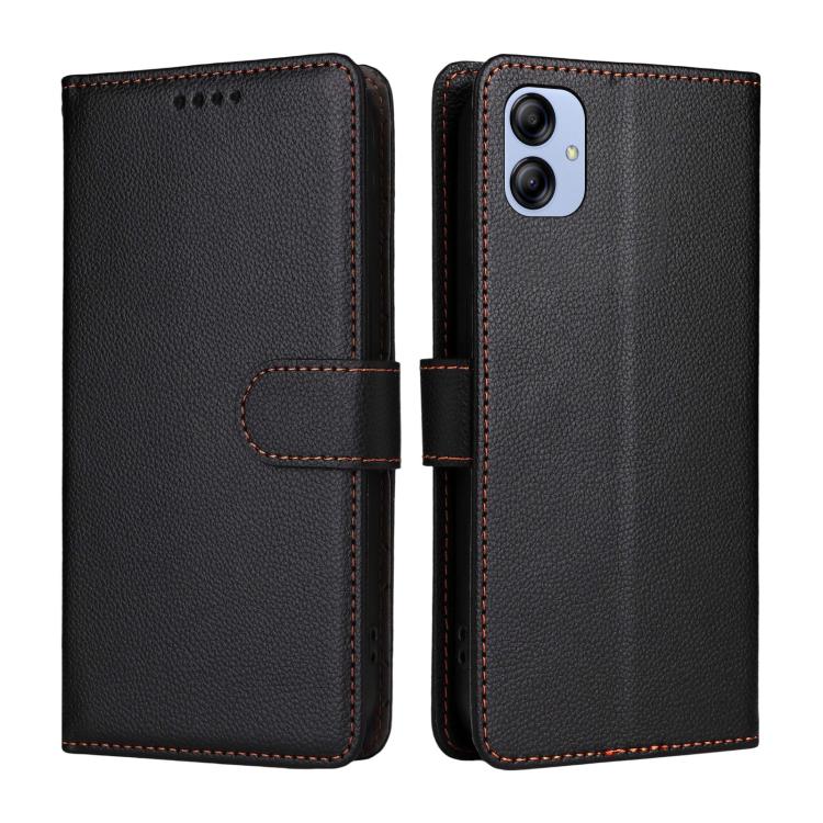 Funda de cuero con textura Litchi para Samsung Galaxy A04e 4G/F04, con bloqueo RFID y capacidad para 3 tarjetas (negro)