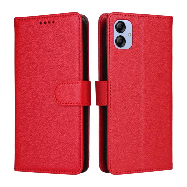 Funda de cuero tipo billetera con bloqueo RFID para Samsung Galaxy A04e 4G/F04, textura Litchi, con capacidad para 3 tarjetas (roja)