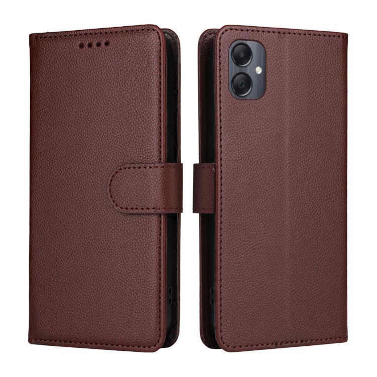 Funda de cuero con textura Litchi para Samsung Galaxy A05, con bloqueo RFID y capacidad para 3 tarjetas (marrón)