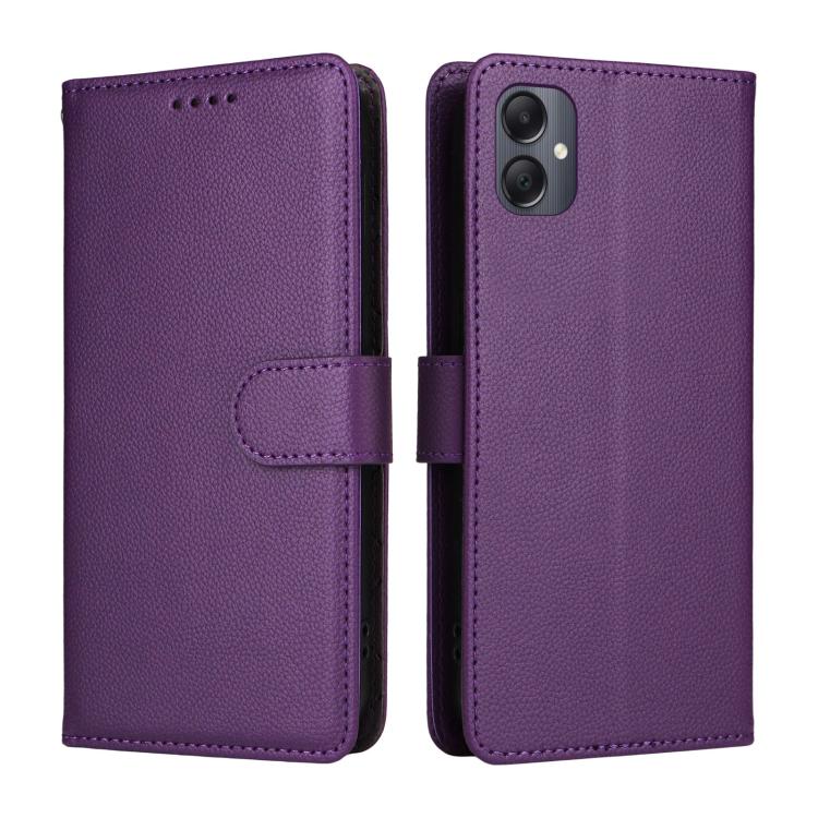 Funda de cuero tipo billetera con bloqueo RFID para Samsung Galaxy A05, con textura Litchi y capacidad para 3 tarjetas (morado)