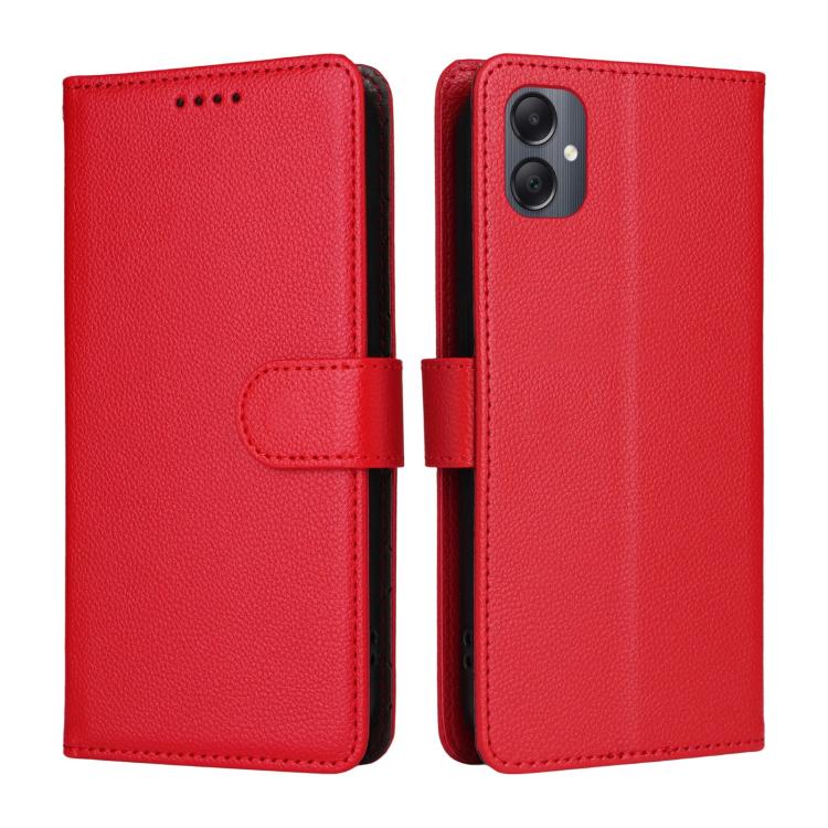 Funda de cuero con textura Litchi para Samsung Galaxy A05, con bloqueo RFID y capacidad para 3 tarjetas (roja)