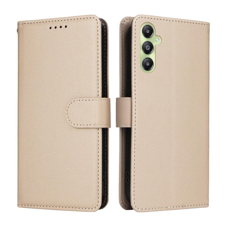 Funda de cuero tipo billetera con textura Litchi y bloqueo RFID para Samsung Galaxy A05s (beige)