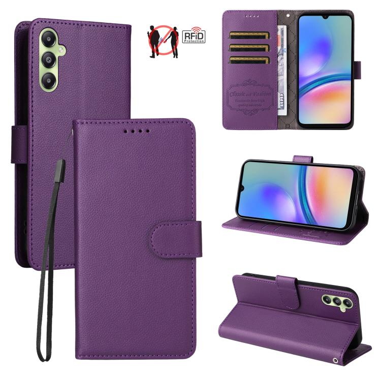 Funda de cuero tipo billetera con bloqueo RFID para Samsung Galaxy A05s, textura Litchi, para 3 tarjetas (morado)