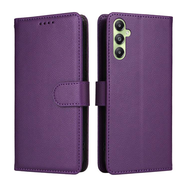 Funda de cuero tipo billetera con bloqueo RFID para Samsung Galaxy A05s, textura Litchi, para 3 tarjetas (morado)