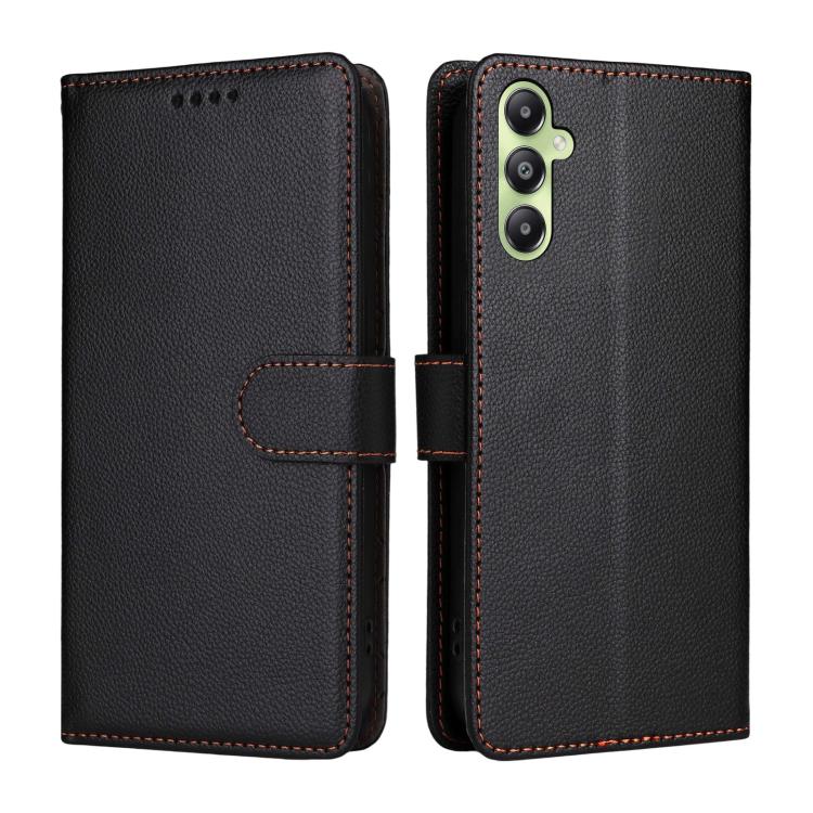 Funda de cuero con textura Litchi para Samsung Galaxy A05s, con bloqueo RFID y capacidad para 3 tarjetas (negro)