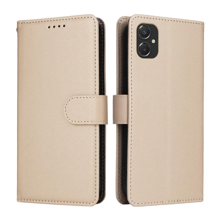 Funda de cuero tipo billetera con bloqueo RFID para Samsung Galaxy A06 4G/5G, textura Litchi, para 3 tarjetas (beige)