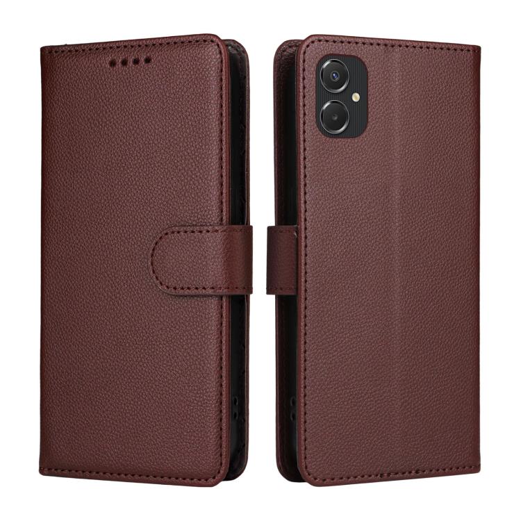 Funda de cuero con textura Litchi para Samsung Galaxy A06 4G/5G, con bloqueo RFID y capacidad para 3 tarjetas (marrón)