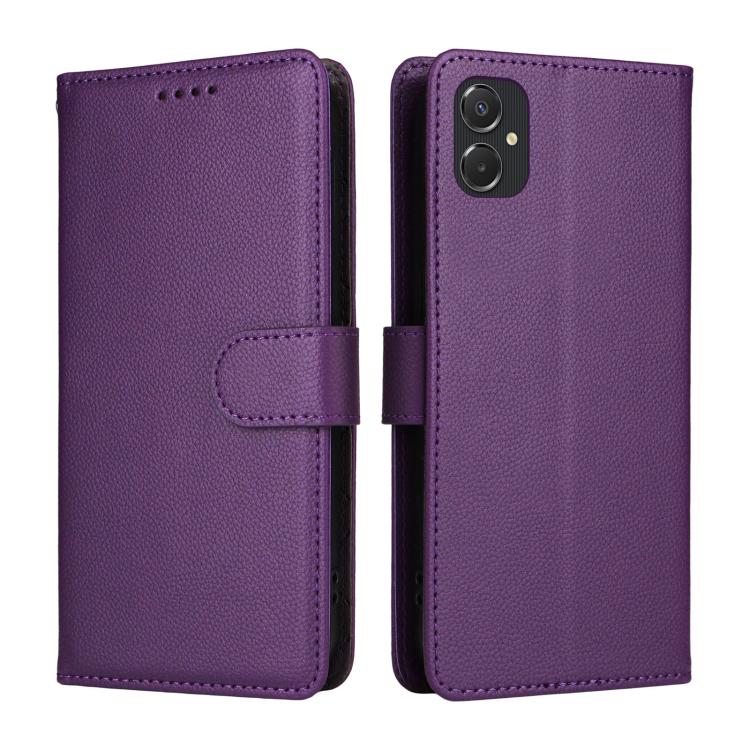 Funda de cuero tipo billetera con bloqueo RFID para Samsung Galaxy A06 4G/5G, textura Litchi, para 3 tarjetas (morado)