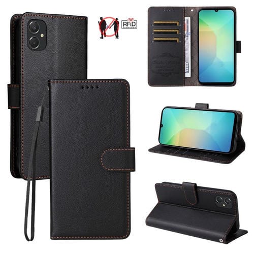Funda de cuero tipo billetera con bloqueo RFID para Samsung Galaxy A06 4G/5G, textura Litchi, para 3 tarjetas (negra)