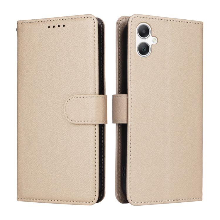 Funda de cuero tipo billetera con bloqueo RFID para Samsung Galaxy A07 4G/5G, textura Litchi, para 3 tarjetas (beige)
