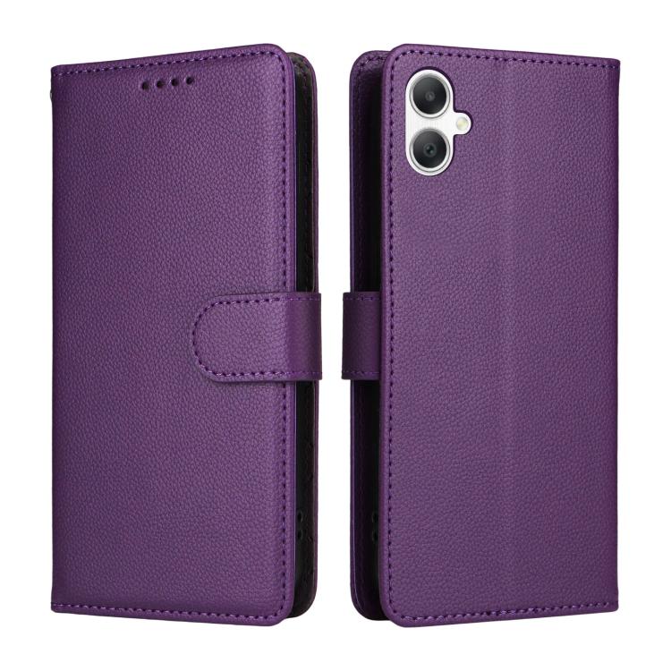 Funda de cuero tipo billetera con bloqueo RFID para Samsung Galaxy A07 4G/5G, textura Litchi, para 3 tarjetas (morado)