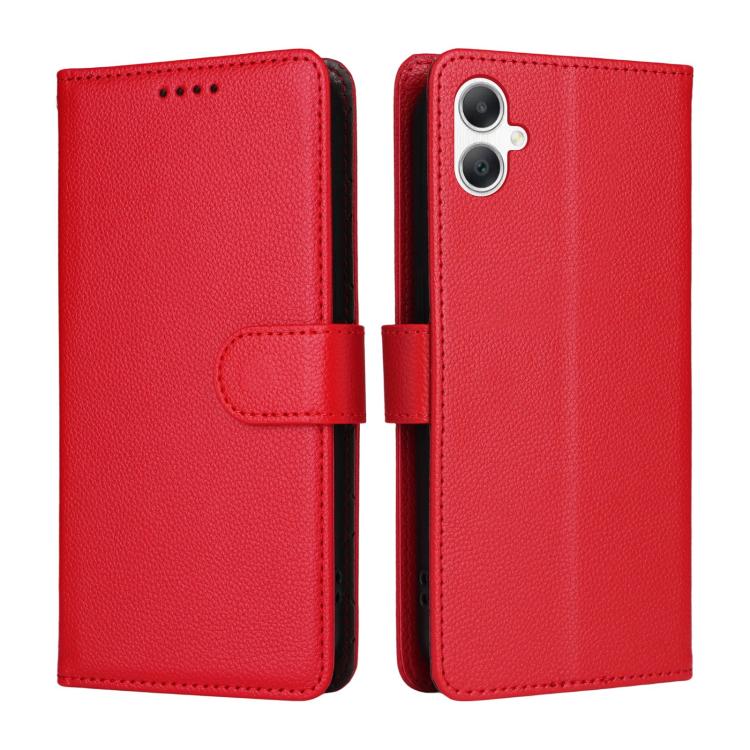 Funda de cuero tipo billetera con bloqueo RFID para Samsung Galaxy A07 4G/5G, textura Litchi, para 3 tarjetas (roja)