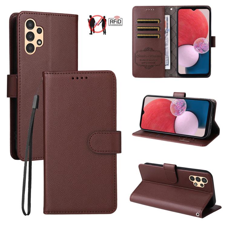 Funda de cuero con textura Litchi para Samsung Galaxy A13 4G/5G, con bloqueo RFID y capacidad para 3 tarjetas (marrón)