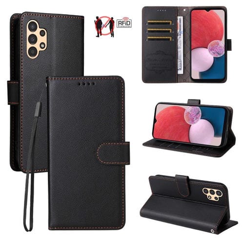 Funda de cuero tipo billetera con bloqueo RFID para Samsung Galaxy A13 4G/5G, textura Litchi, con capacidad para 3 tarjetas (negro)